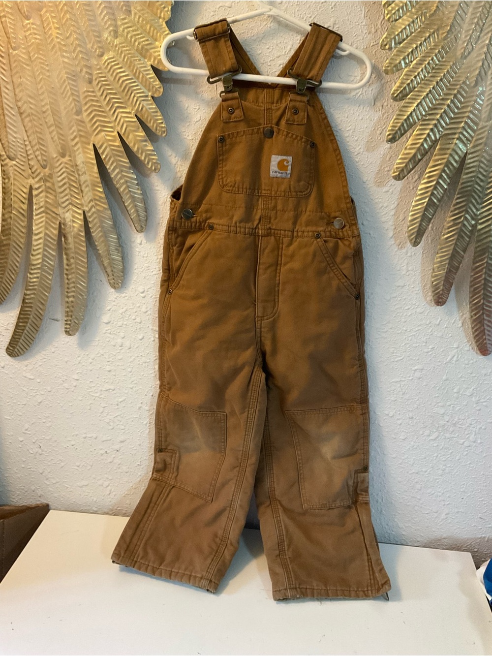 Carhartt Bib Overalls Boys 5 Brown Canvas Insulated Double Knee Flannel Lined